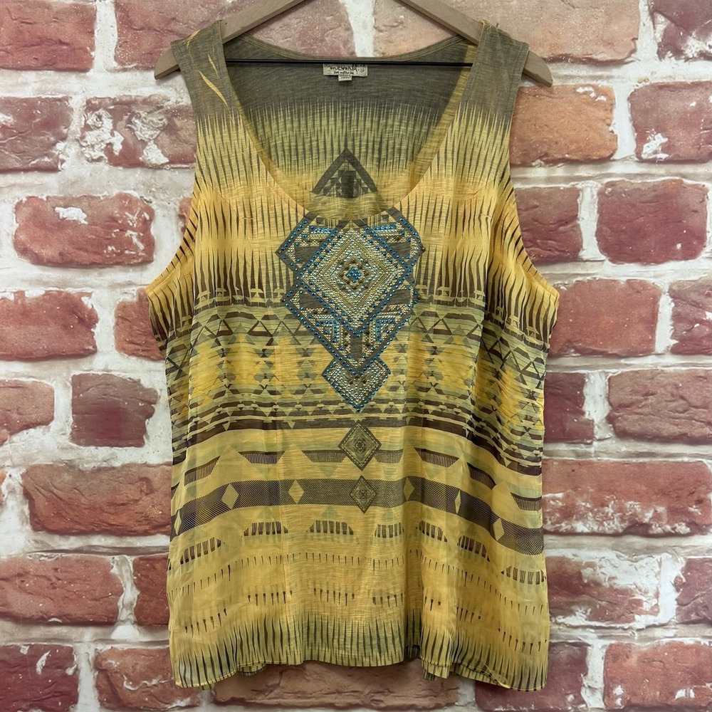 One World Top Womens 2X Yellow Boho Aztec Southwestern Stretchy Back Tank Shirta